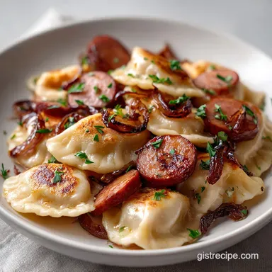 Perogies and Sausage Skillet for 4 Recipe Card