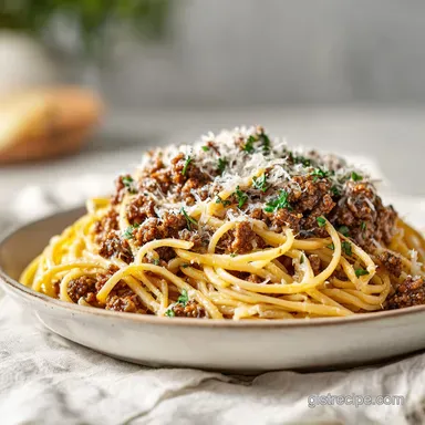 Creamy Beef and Rotini in Garlic Parmesan Sauce for 4 Servings Recipe Card