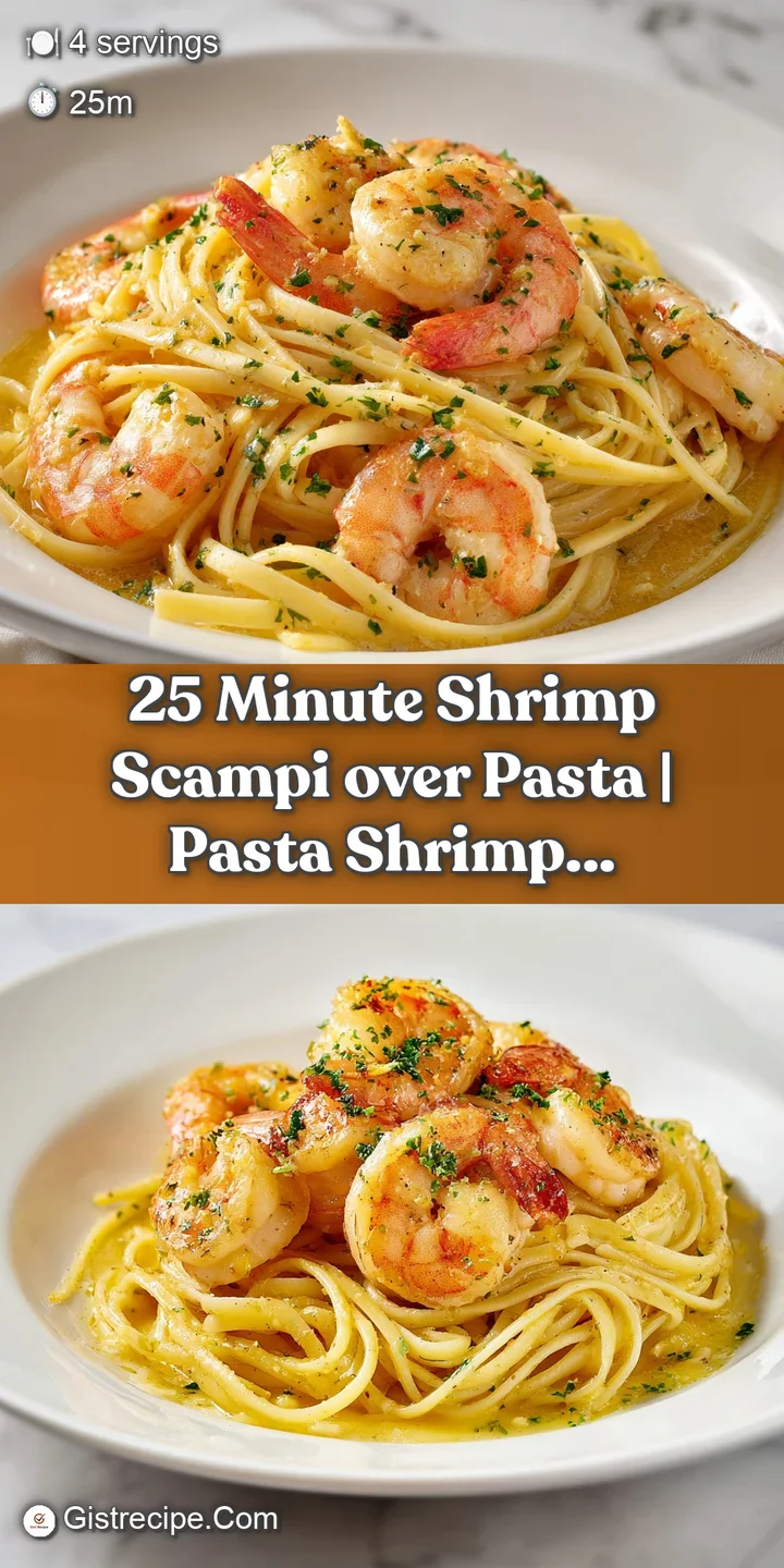 Close-up of glistening pink shrimp drenched in a buttery garlic sauce with flecks of fresh green parsley.