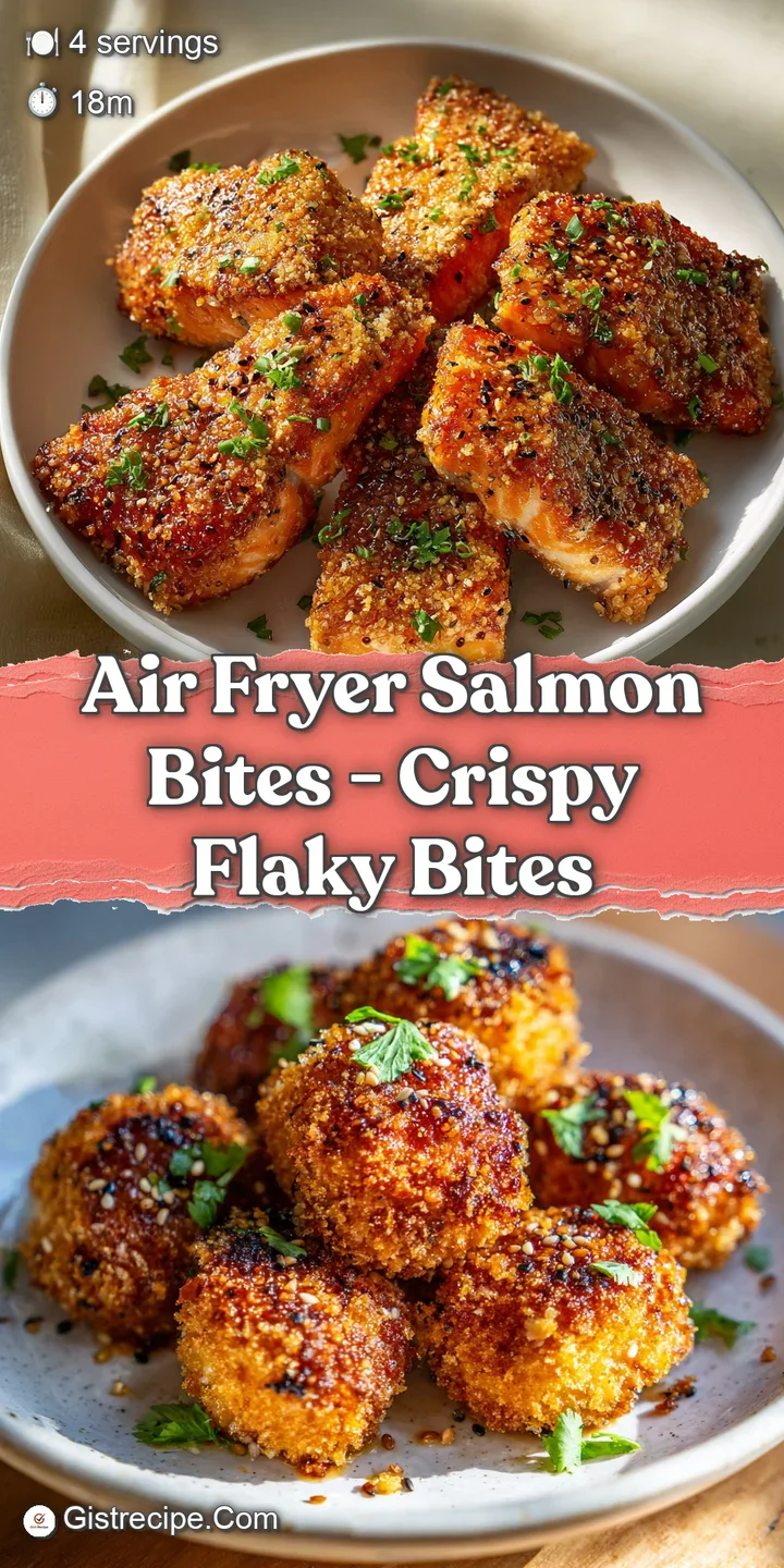 Close-up of juicy, flaky salmon bites, glistening with oil and spices, hints of dill and lemon zest, a flavorful and tempt...