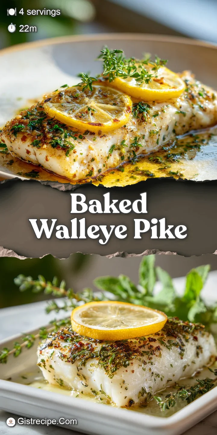 Close-up of tender, white walleye pike with vibrant lemon and herb topping. Hints of steam suggest a warm, savory dish.