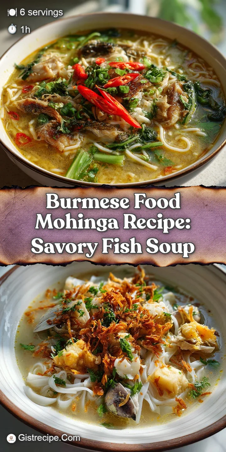 Up-close view of mohinga, showcasing the vibrant color of the broth, the glistening noodles, and the crispy, golden fried ...
