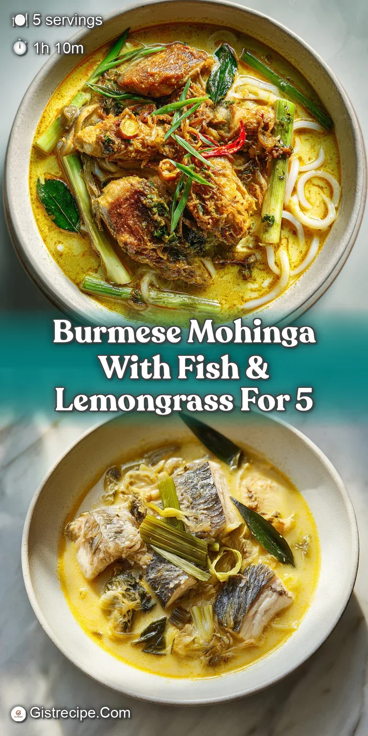 Close-up of Mohinga: glistening broth, plump noodles, and crunchy toppings create a textural symphony of flavor.