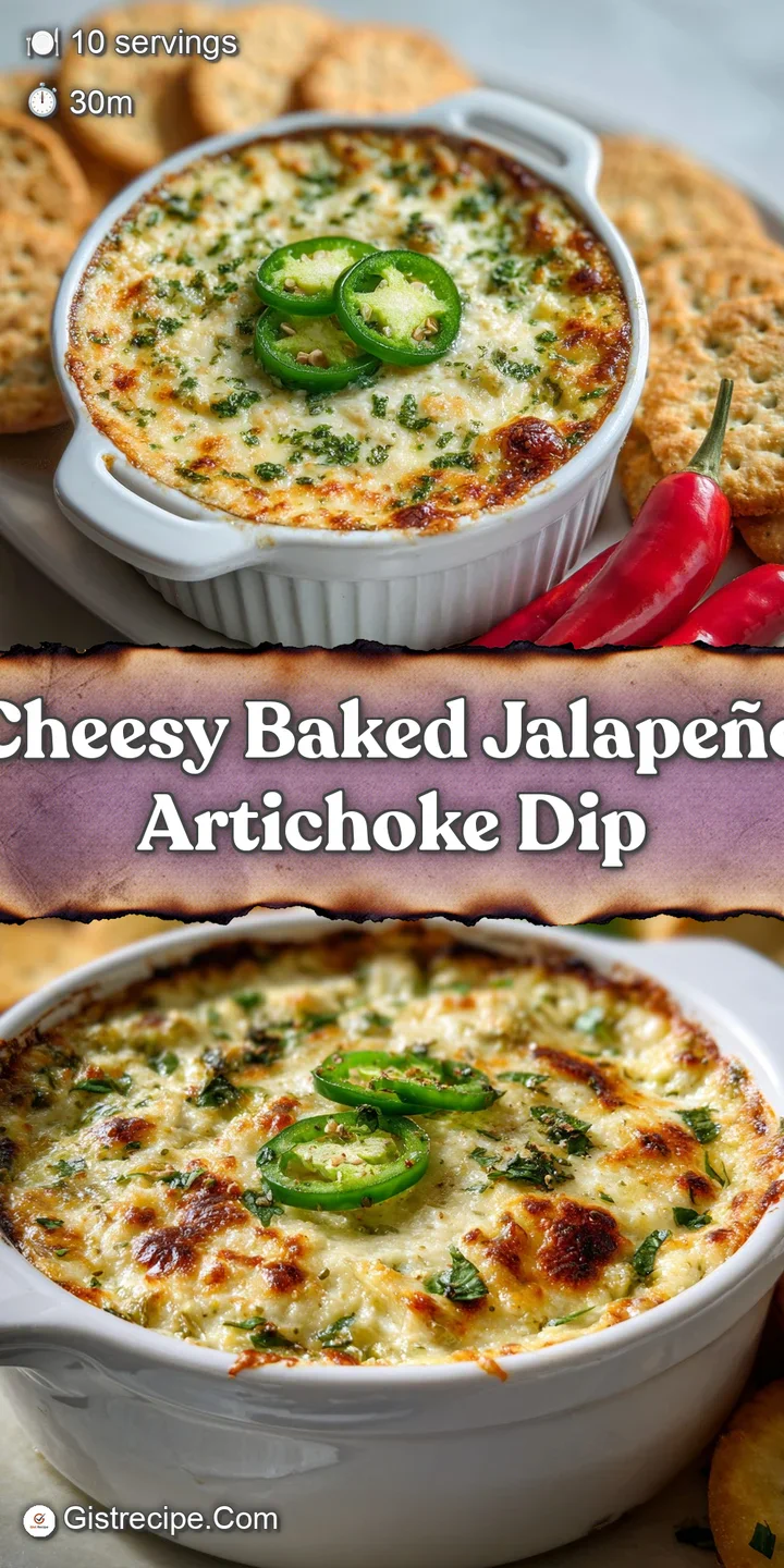 Close-up of hot, cheesy artichoke dip with bits of spicy jalape&ntilde;o and a golden-brown crust, ready for dipping.