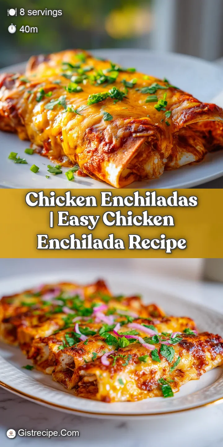 Close-up of a cheesy chicken enchilada, its tender shredded chicken peeking through melted cheese and rich red sauce.