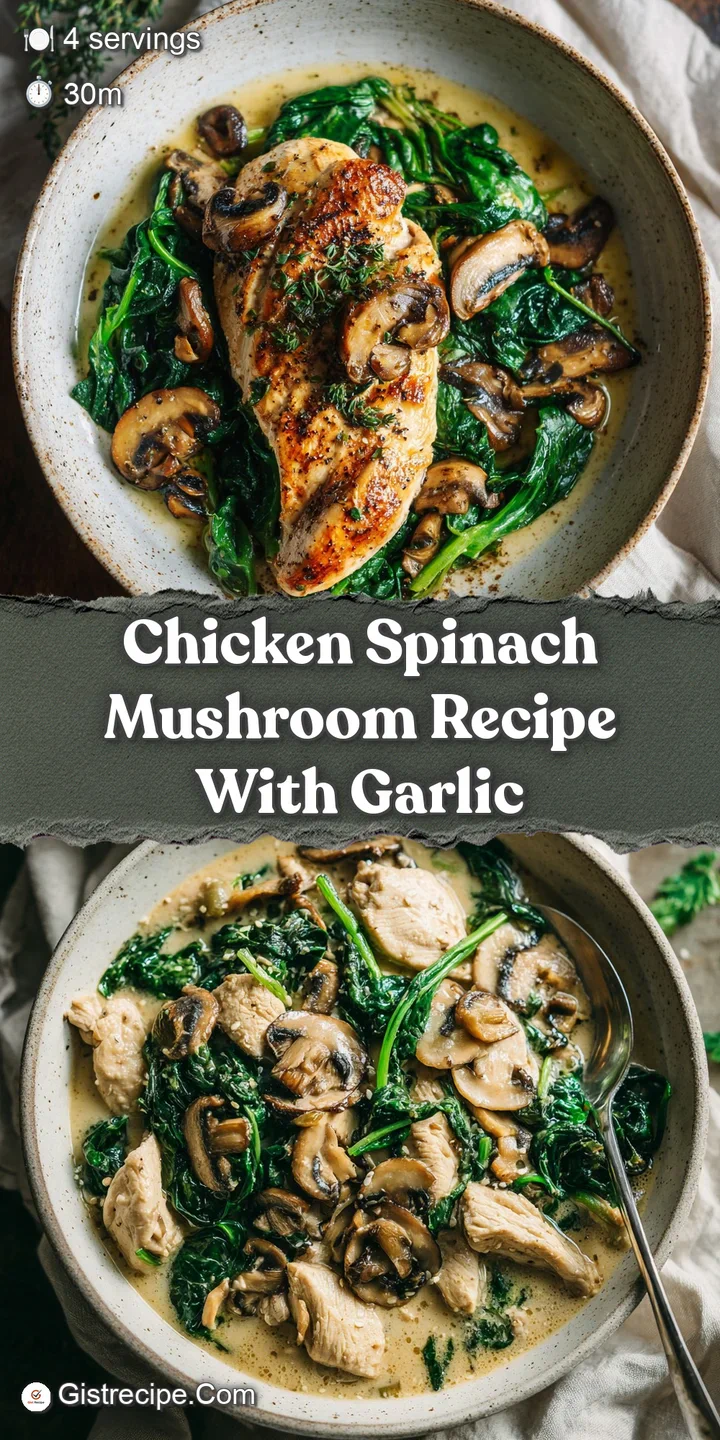 Close-up: Tender chicken with saut&eacute;ed mushrooms and spinach, glistening with garlic. Rich, creamy texture is visible.