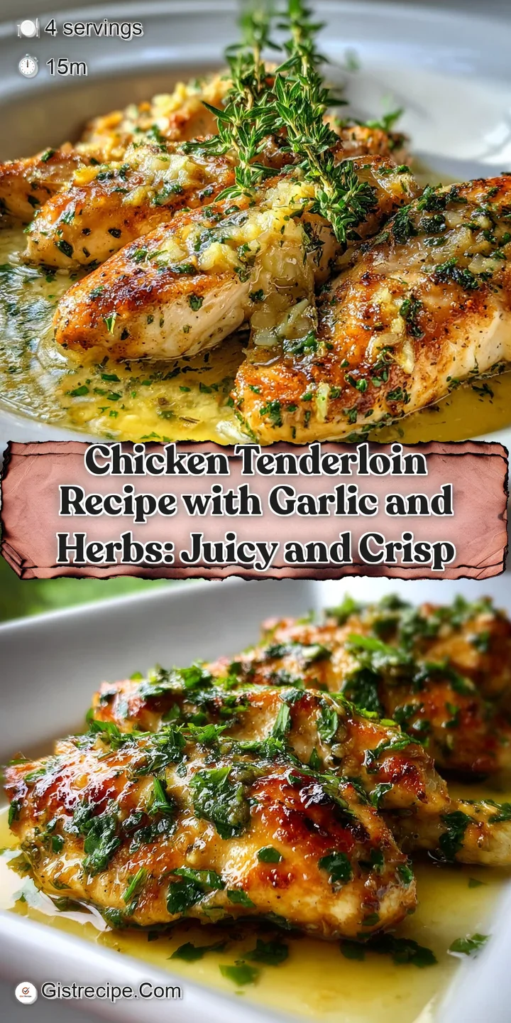 Close-up view of juicy chicken tenderloin with crisp, golden edges and glistening herbs. Aromatic garlic is speckled throu...