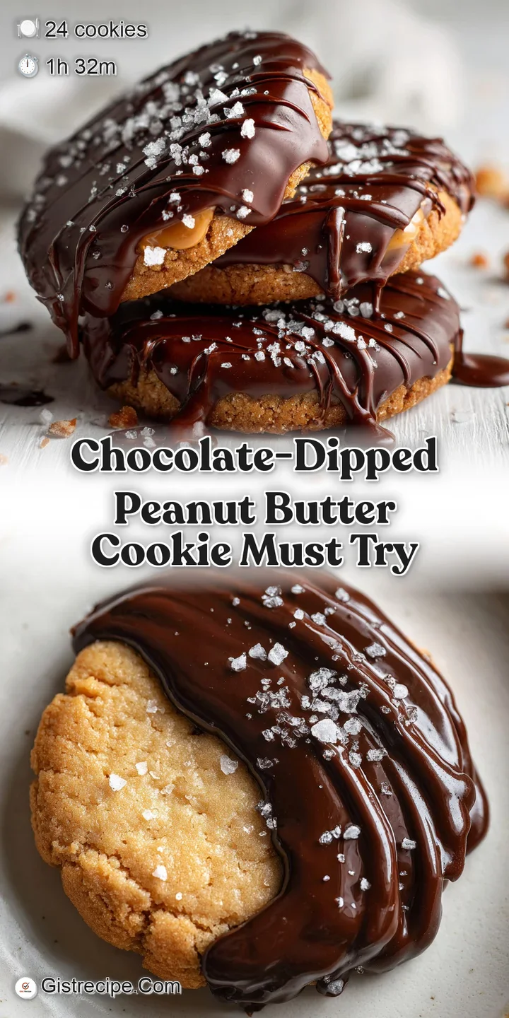 Close-up of a rich, dark chocolate shell encasing a textured peanut butter cookie, sprinkled with coarse sea salt, glisten...