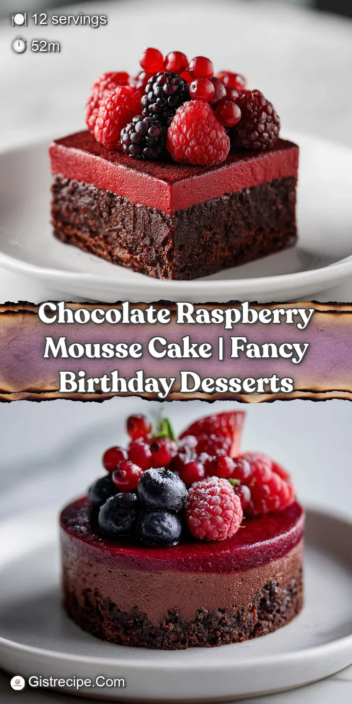 Close-up of creamy chocolate mousse layers atop a golden almond crust, finished with a single, juicy red raspberry.