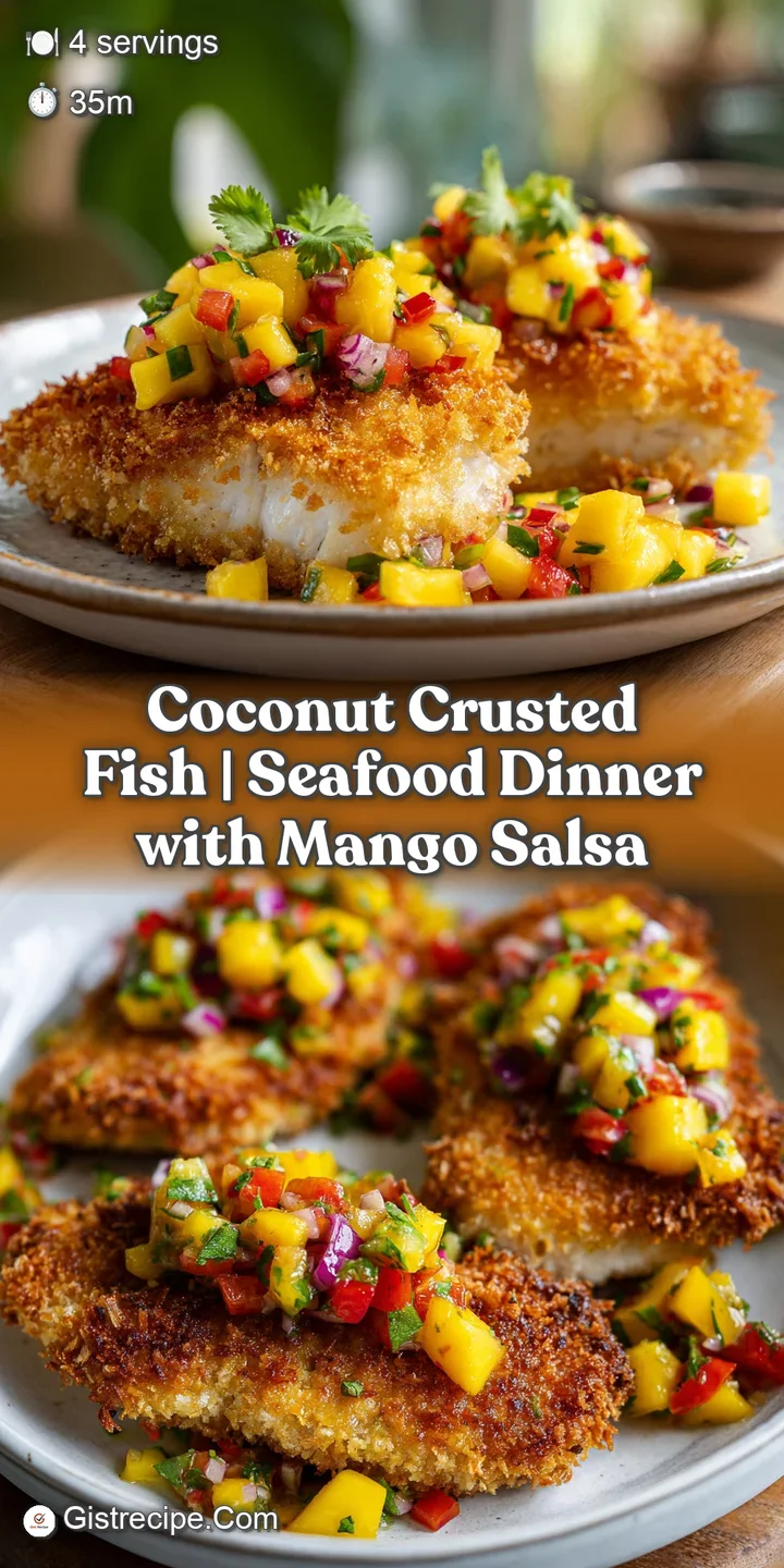 Close-up of flaky white fish with a crispy, toasted coconut coating and glistening drops of melted butter.