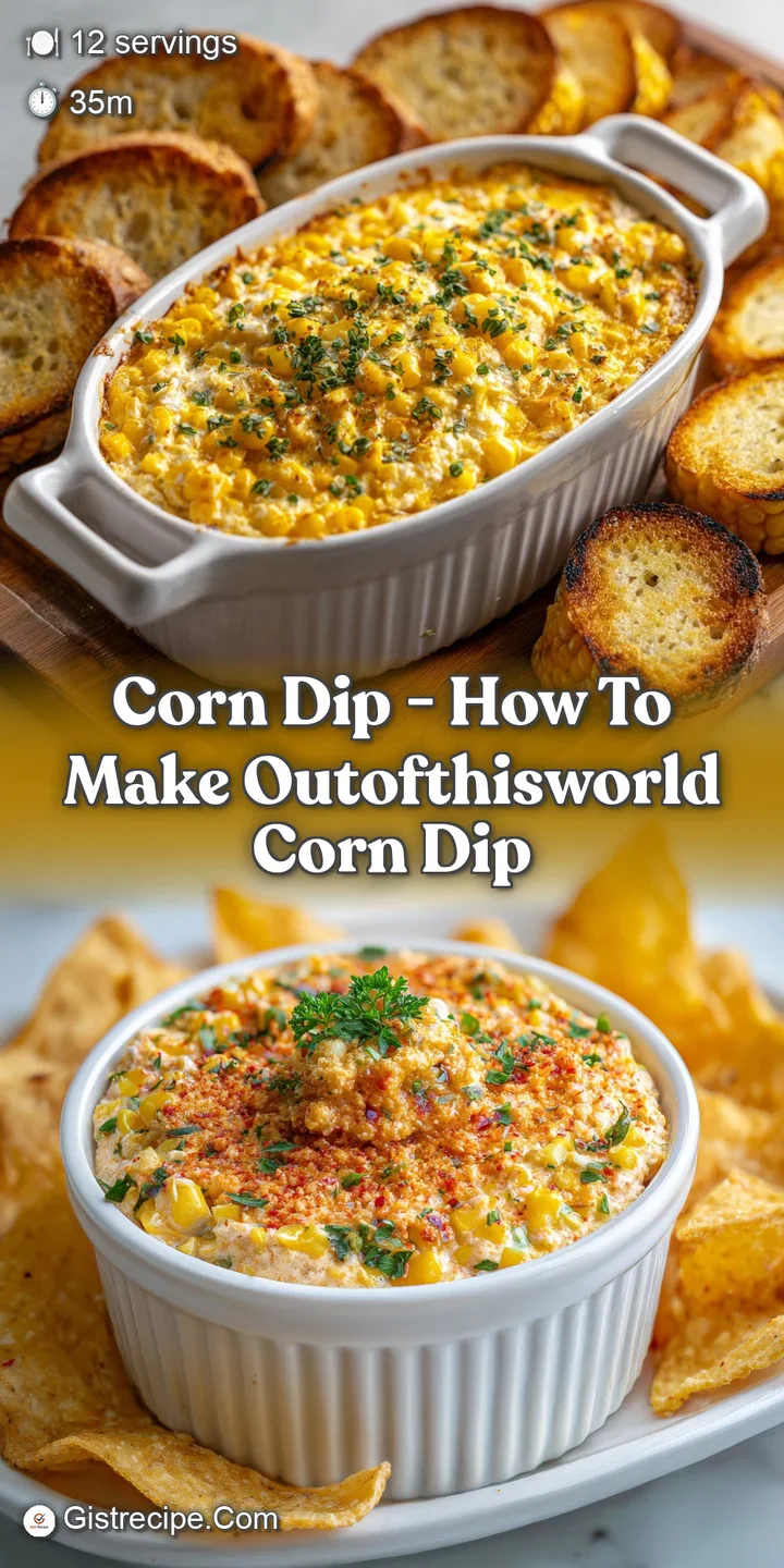 Close-up reveals the rich, golden hues & crispy melted cheese top of the corn dip, studded with colorful flecks of herbs.