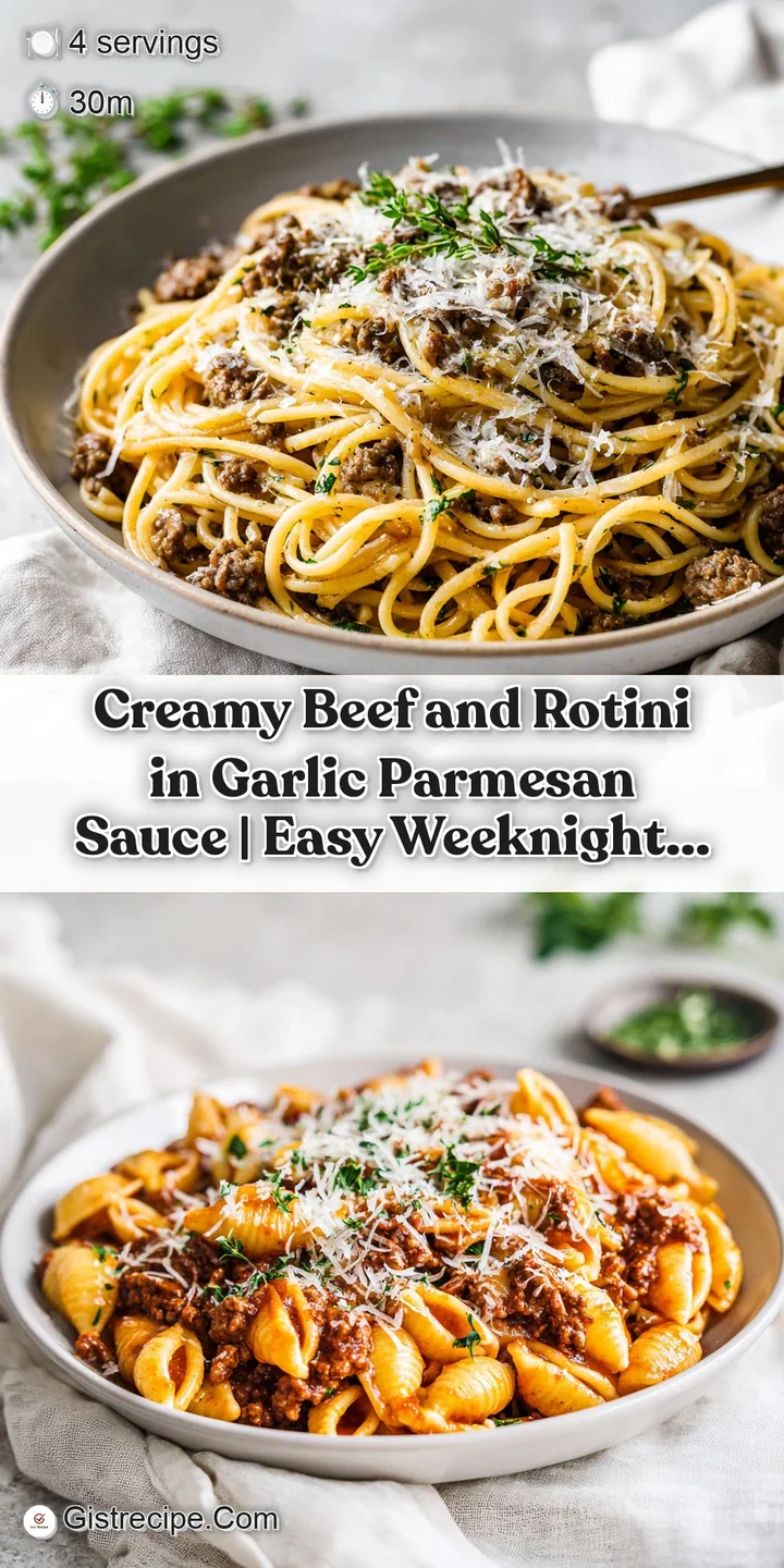 Close-up of glossy rotini pasta coated in a rich, creamy sauce with visible beef slivers.