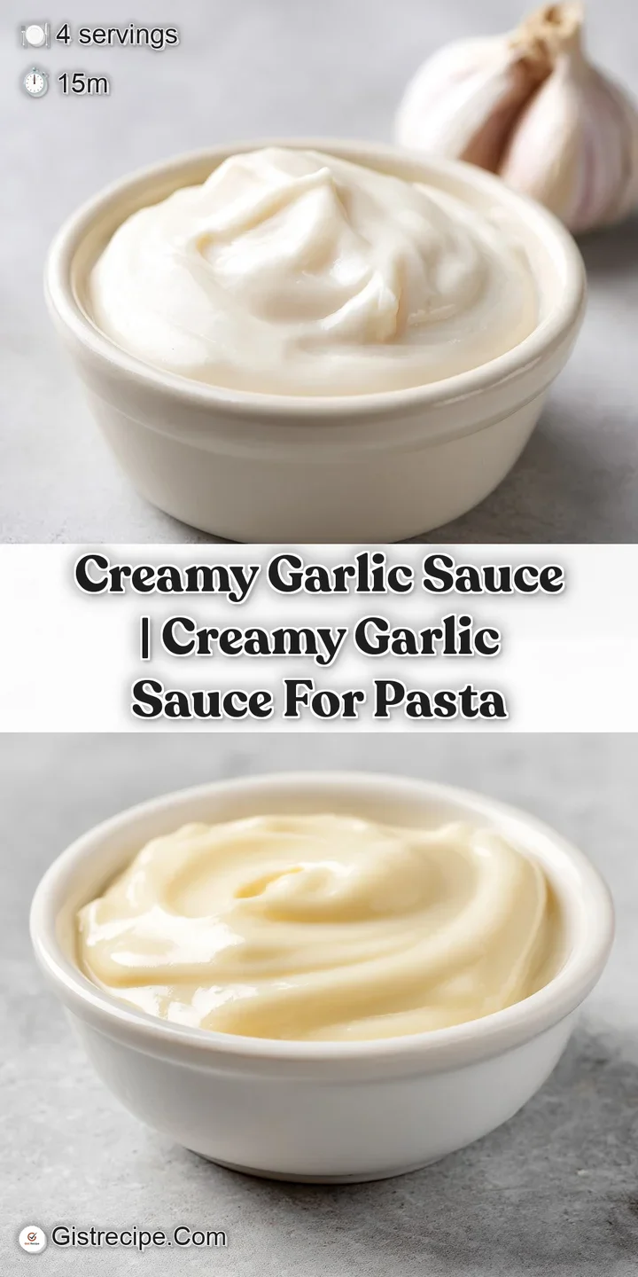 Extreme close-up of a glossy, thick white cream sauce with tiny bits of minced garlic and a silky sheen.