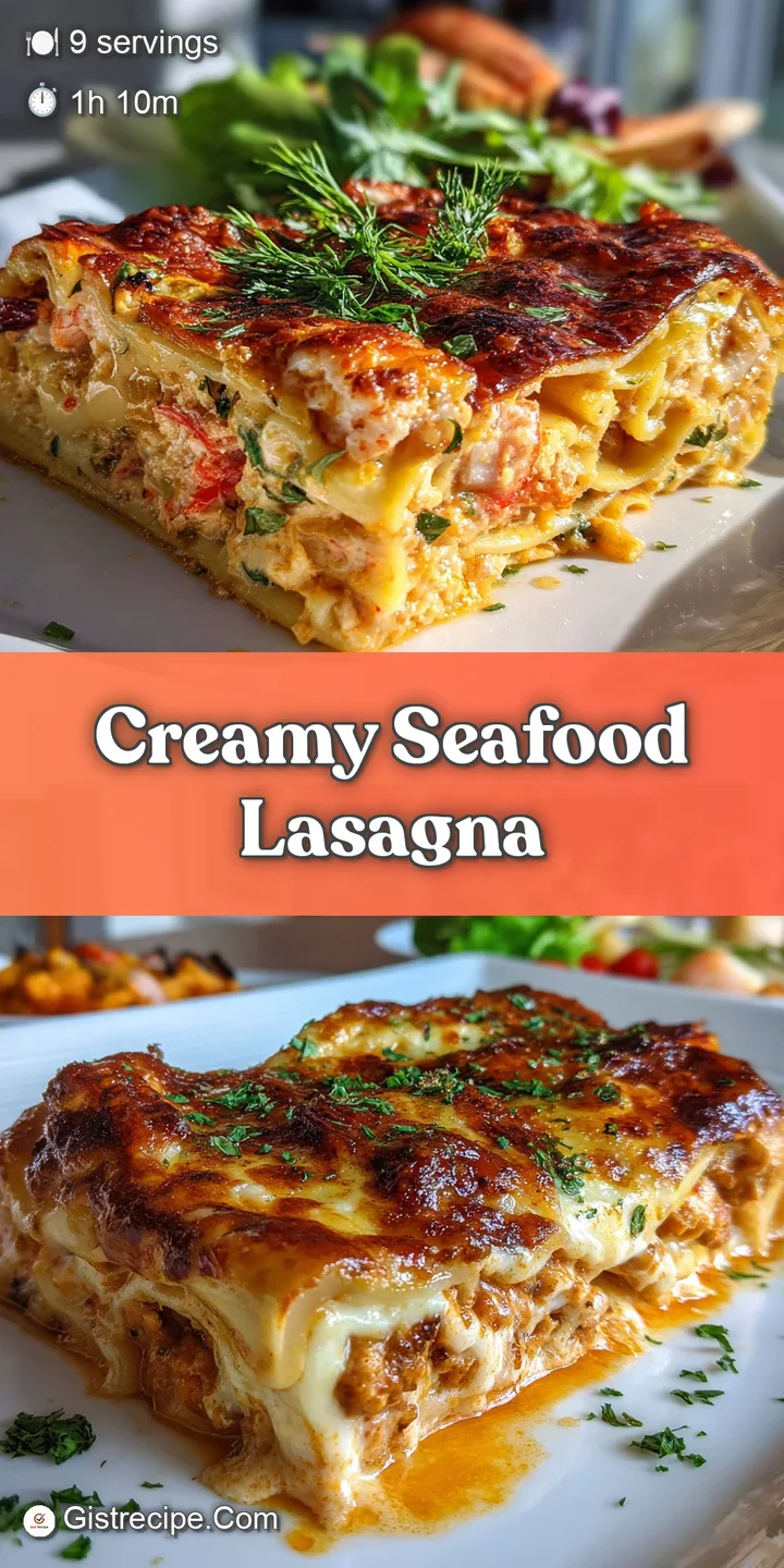 Close-up of creamy seafood lasagna; golden-brown, bubbly top with visible seafood chunks in a rich, decadent sauce. Inviti...