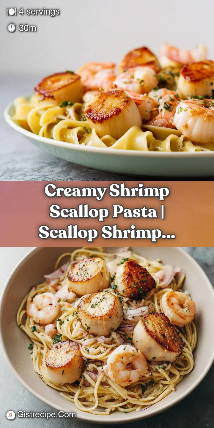 Close-up of a golden-brown seared scallop and juicy pink shrimp coated in a glossy, creamy sauce with flecks of herbs.