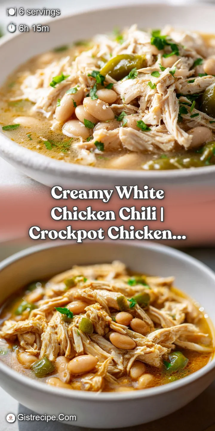 Close-up of hearty white beans and shredded chicken in a rich, creamy sauce with hints of green diced chiles.