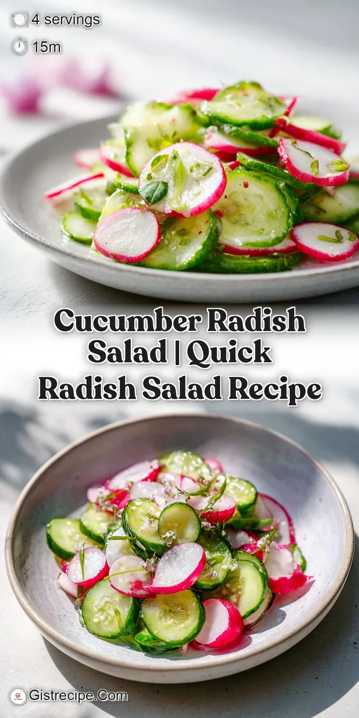 Close-up of a refreshing cucumber radish salad: juicy green cucumbers and bright red radishes glisten with creamy yogurt d...