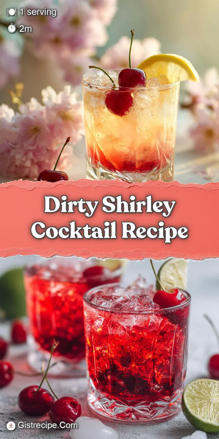 Close-up of a Dirty Shirley cocktail; ice swirling with a fizzy red liquid. Cherry adds a touch of sweetness to this alcoh...