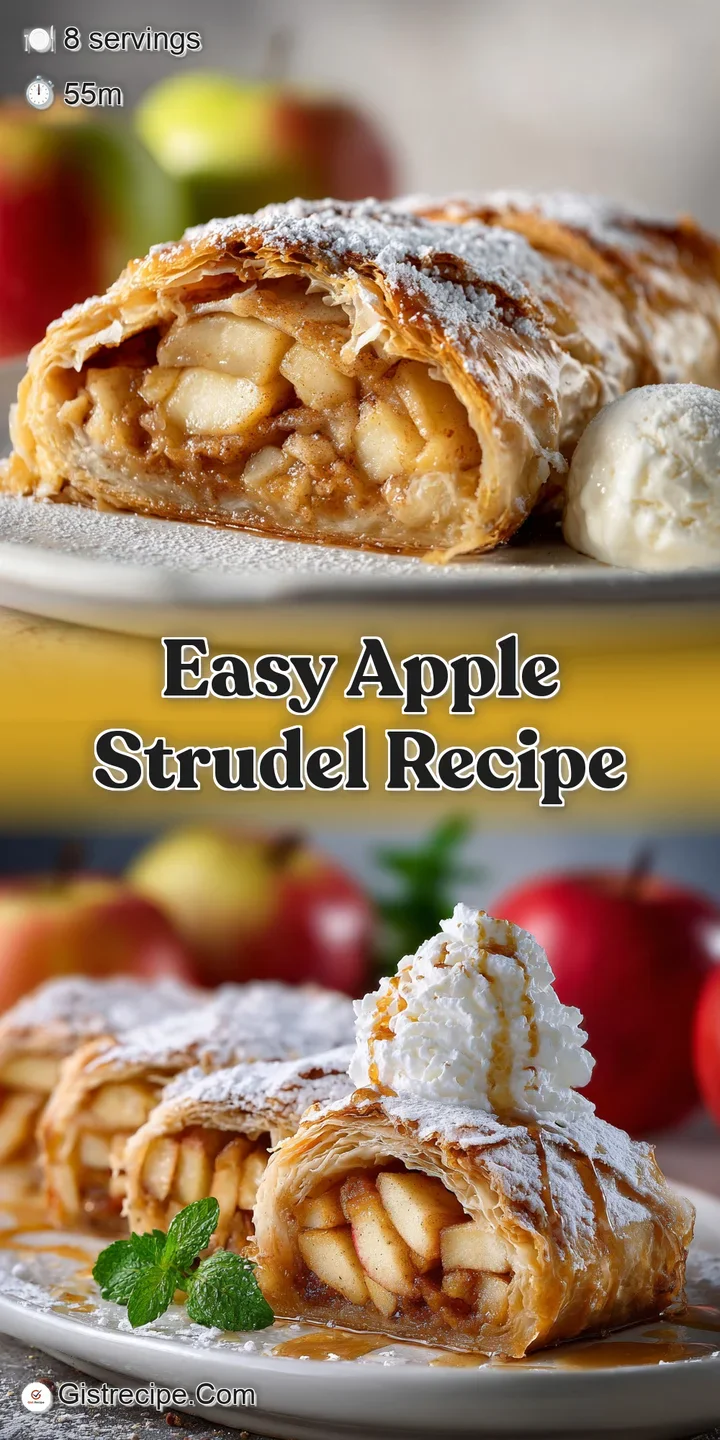 Close-up shot of a crispy apple strudel showcasing layers of thin dough. Warm, caramelized apple filling with notes of cin...