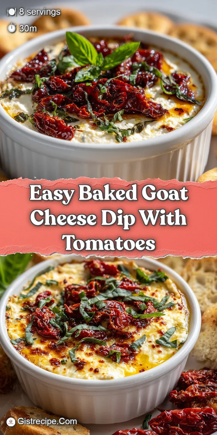 Close-up of warm, melted goat cheese dip with juicy, burst cherry tomatoes and a glistening sheen of olive oil and fragran...