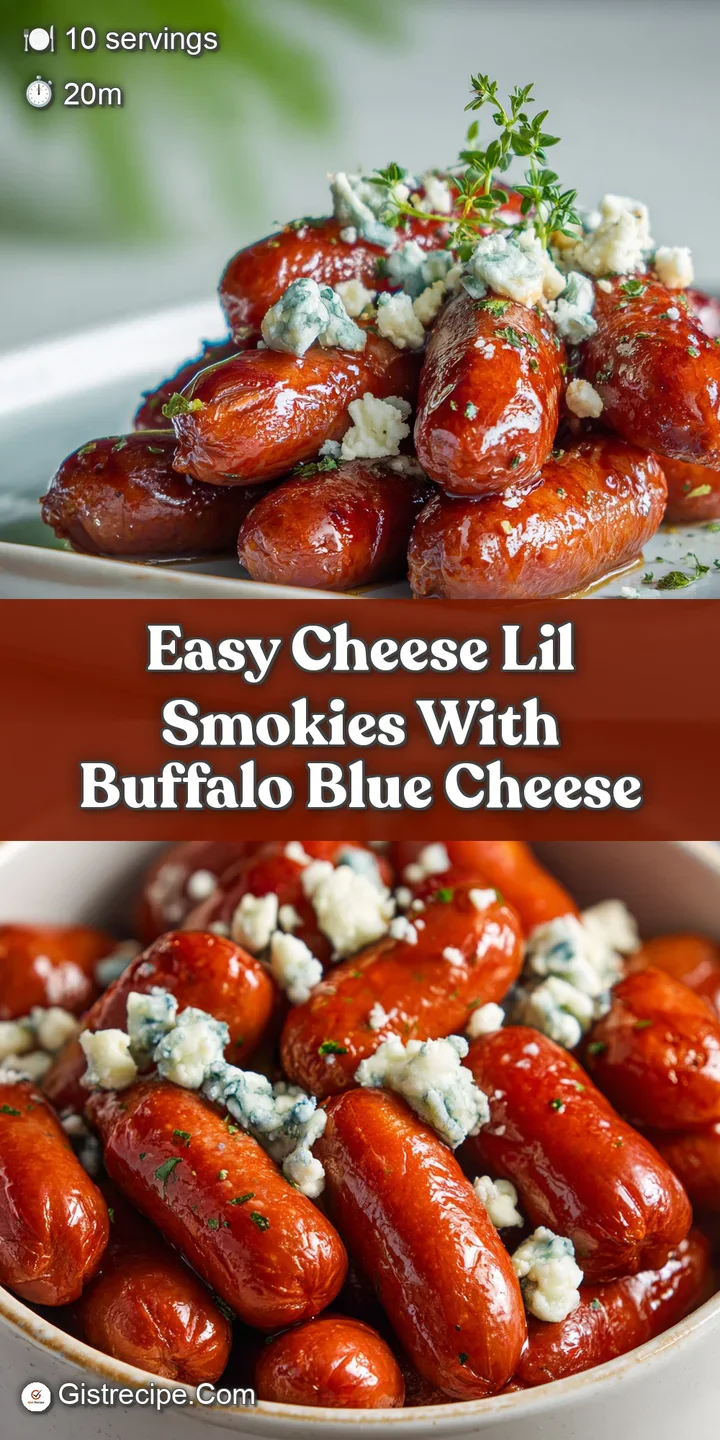 Close-up reveals gooey, melted cheese clinging to plump Lil Smokies, speckled with pungent, creamy blue cheese crumbles.