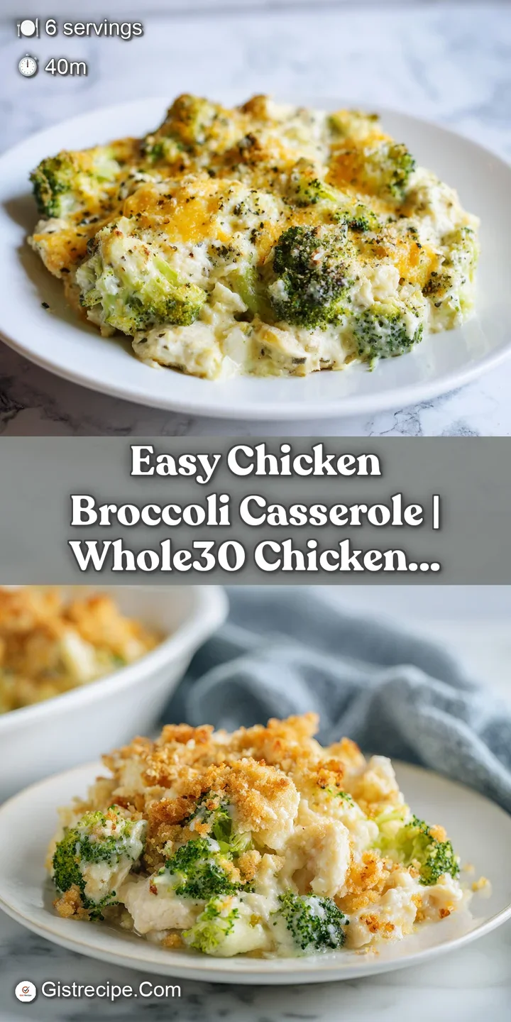 Close-up shows the creamy texture of the casserole with tender chicken and bright green broccoli bathed in rich, cashew-ba...
