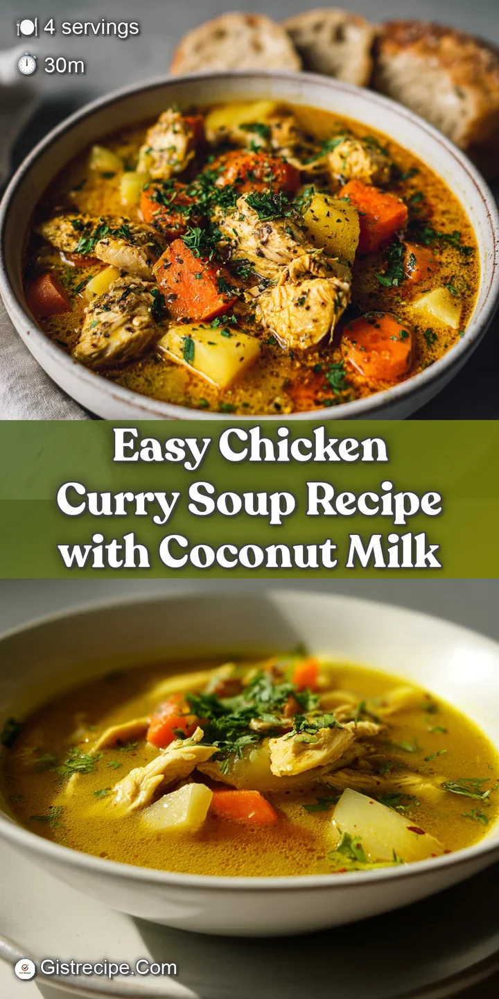Close-up of golden chicken curry soup: tender chicken, vibrant spices, and creamy coconut milk create a rich, enticing tex...