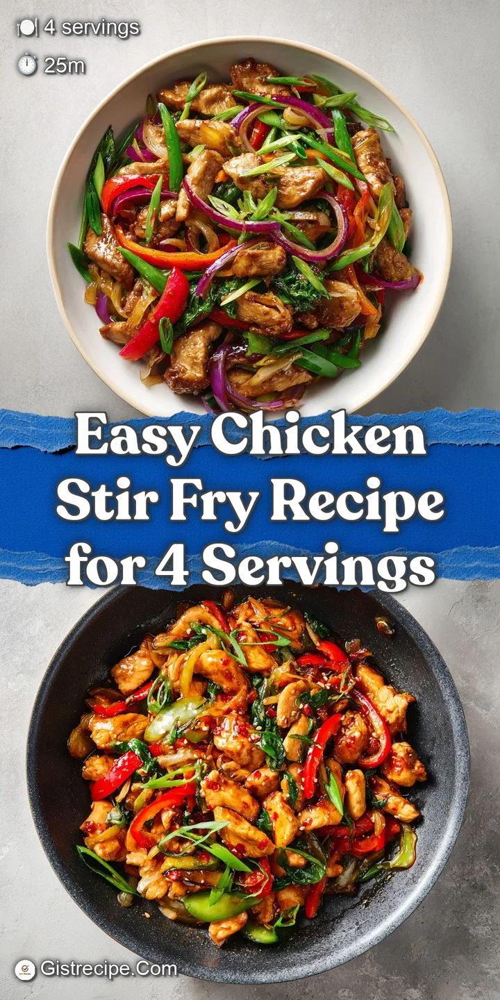 Close-up of juicy chicken and vibrant bell peppers coated in a rich, glossy stir-fry sauce. Freshly chopped greens add a p...