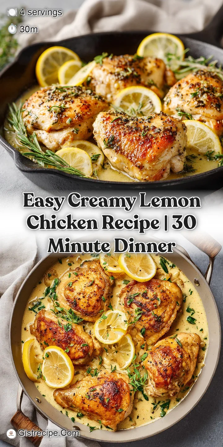 Close-up of a glistening, golden chicken breast with a rich, creamy lemon sauce and bright green herbs.