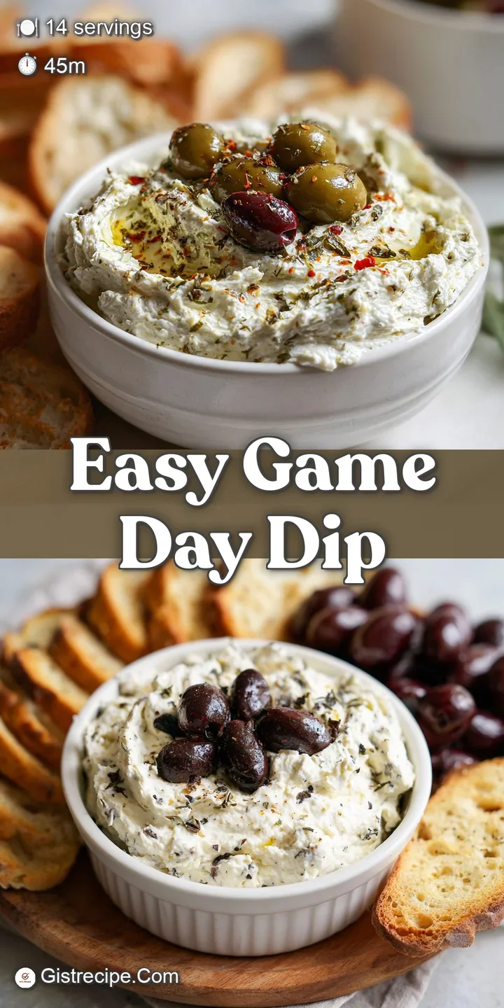 Close-up reveals the chunky texture of green olives in a rich, creamy base, invitingly arranged as a football appetizer.