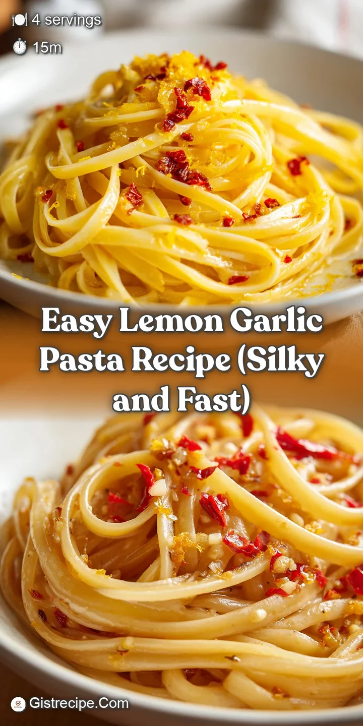 Macro shot of tender pasta coated in a glossy garlic sauce with vibrant lemon zest and tiny bits of toasted garlic.
