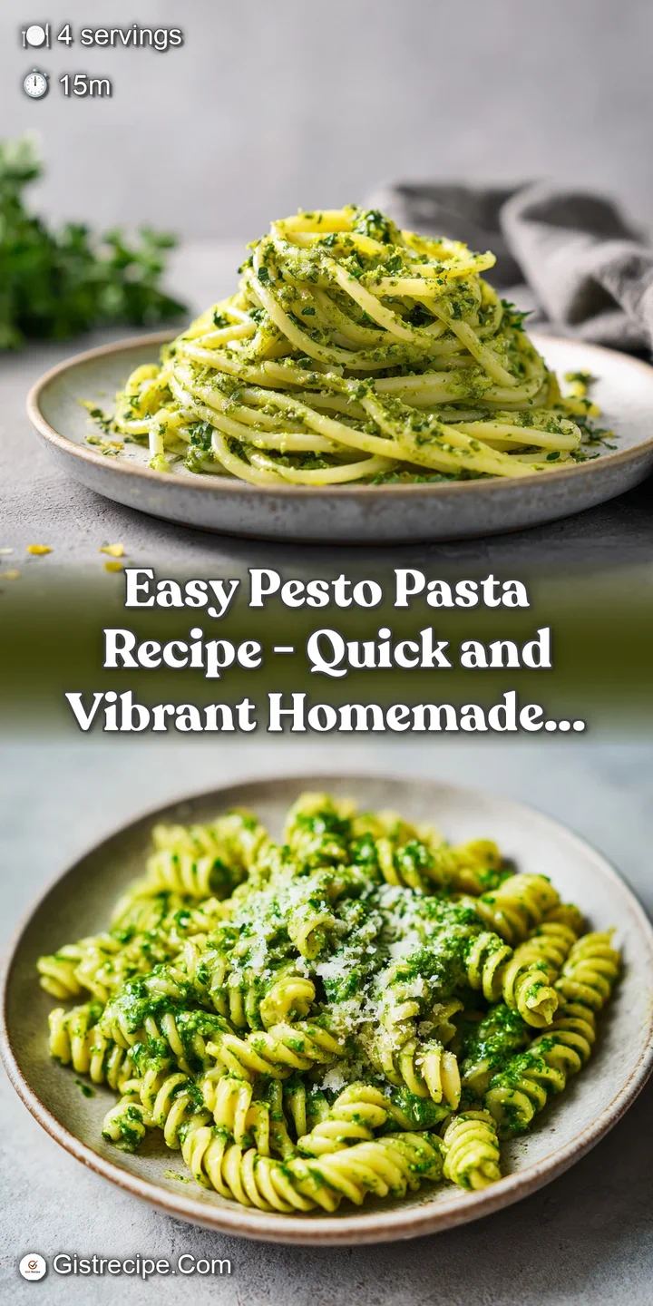 Close-up of glistening pasta strands coated in bright green pesto, with flecks of garlic and herbs.
