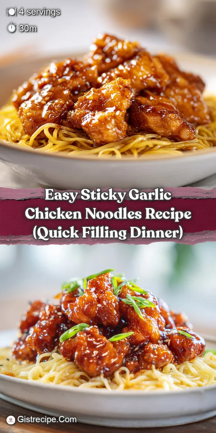 Close-up of glistening, sauce-coated noodles and tender chicken chunks with a sprinkle of toasted sesame seeds.