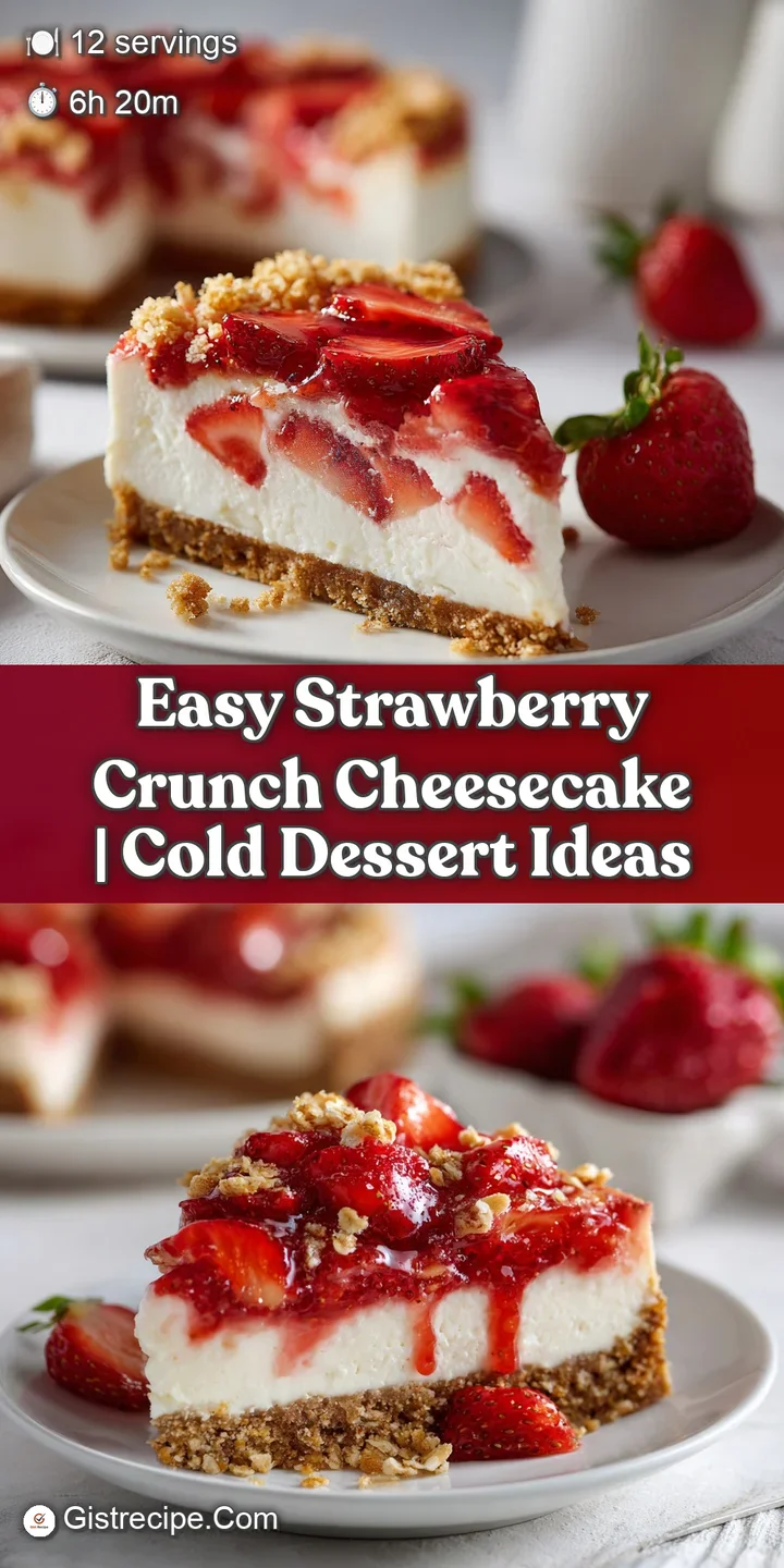 Close-up of a fork-tender strawberry crunch cheesecake showing creamy texture and sweet berry pieces.