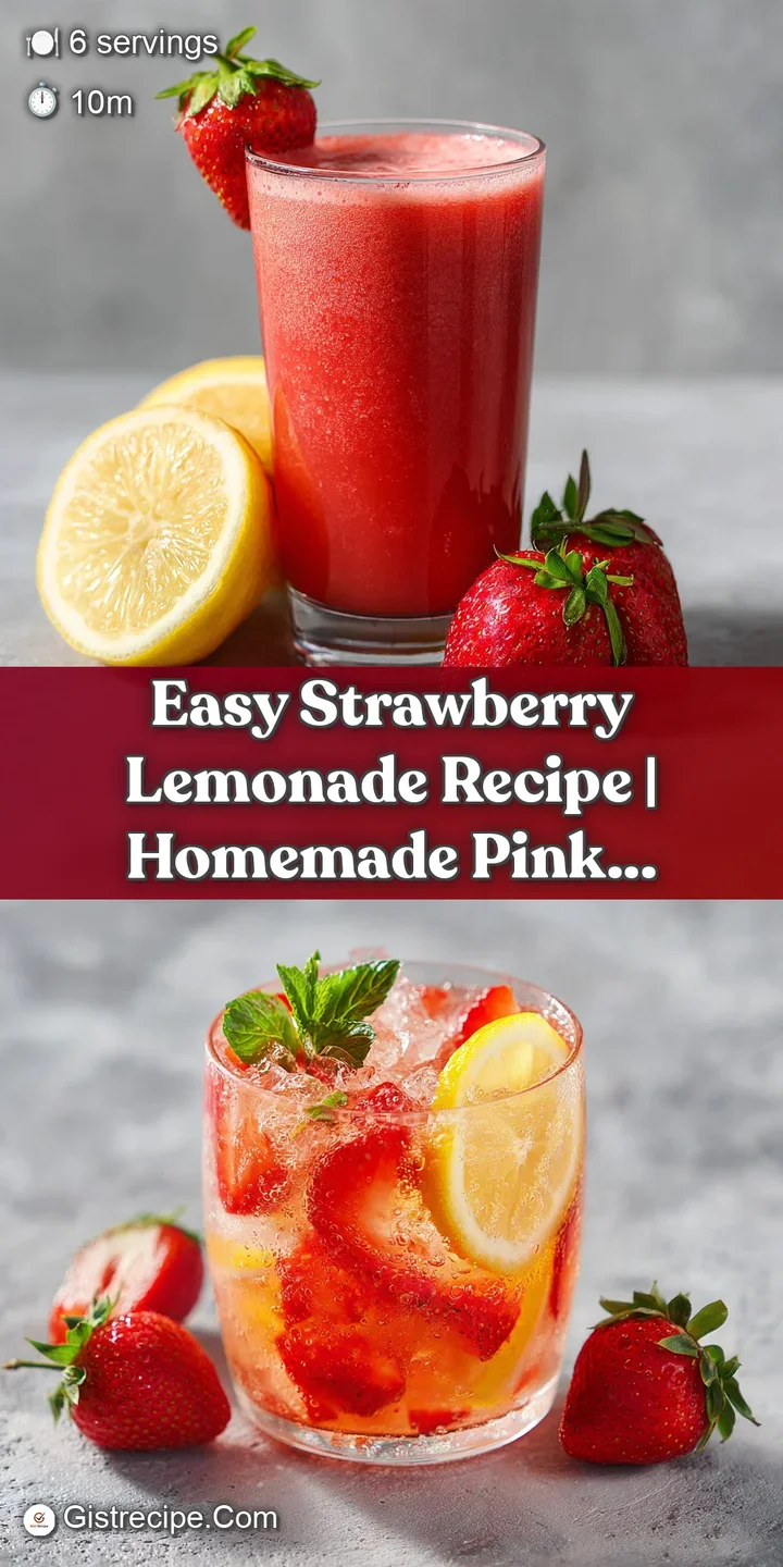 Close-up of swirling pink lemonade, capturing ruby-red strawberry pieces and icy condensation.