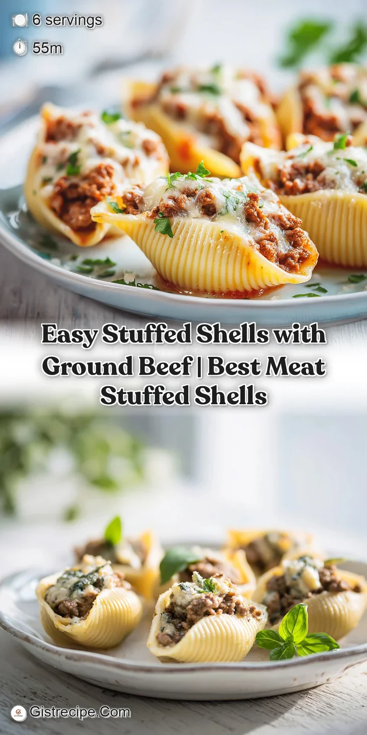 Golden-brown cheese stretches over plump pasta shells filled with savory ground beef and marinara sauce.