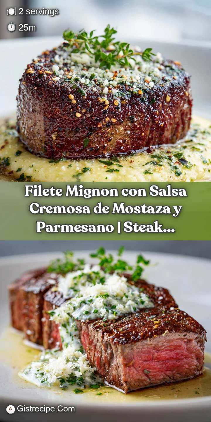 Close-up of a thick, pink filet mignon steak, glistening with a velvety, pale golden sauce