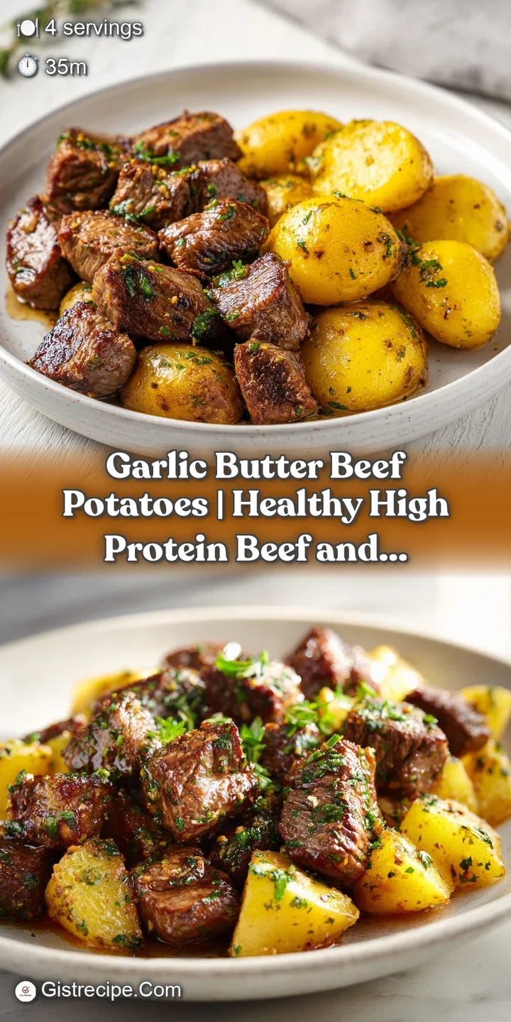 Close-up of succulent seared beef and golden, fluffy potato bites glistening with garlic butter.