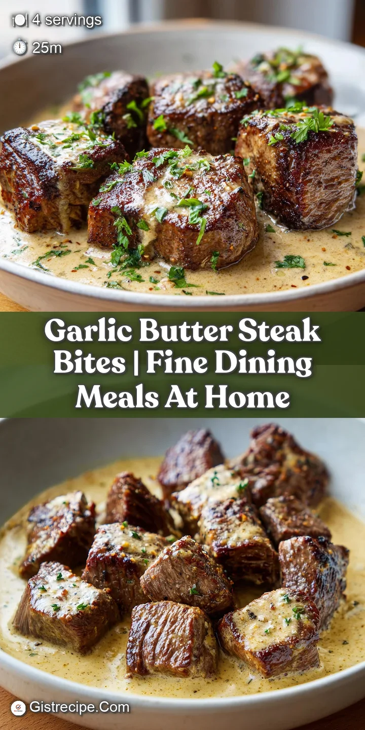 Extreme close-up of juicy, seared beef cubes glistening with melted butter and minced garlic in a cast iron skillet.