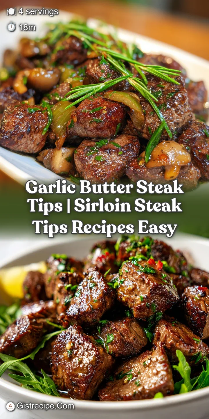 Close-up of seared steak tips with a rich, herb-infused butter melting over their perfectly browned surfaces.
