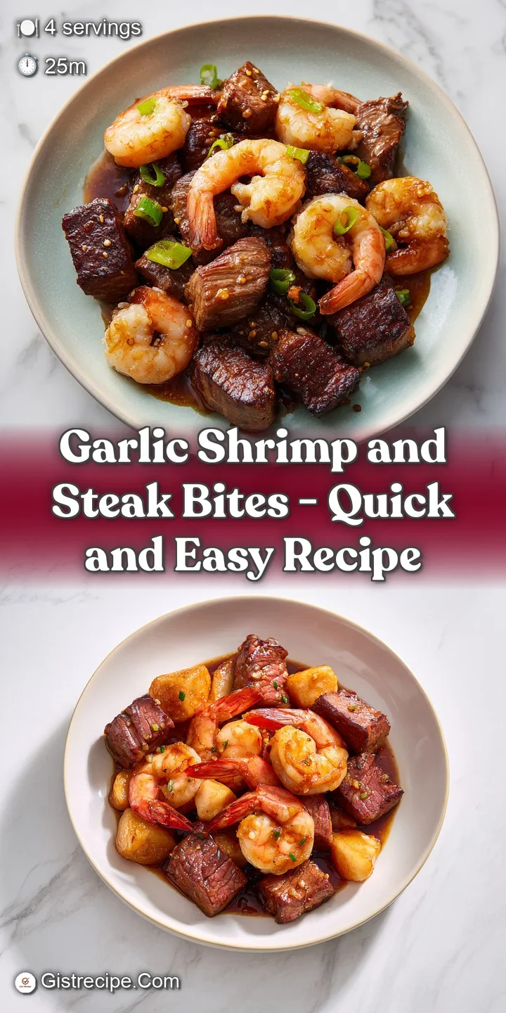Close-up of seared beef and shrimp with a glossy butter glaze, golden garlic bits, and bright green parsley.