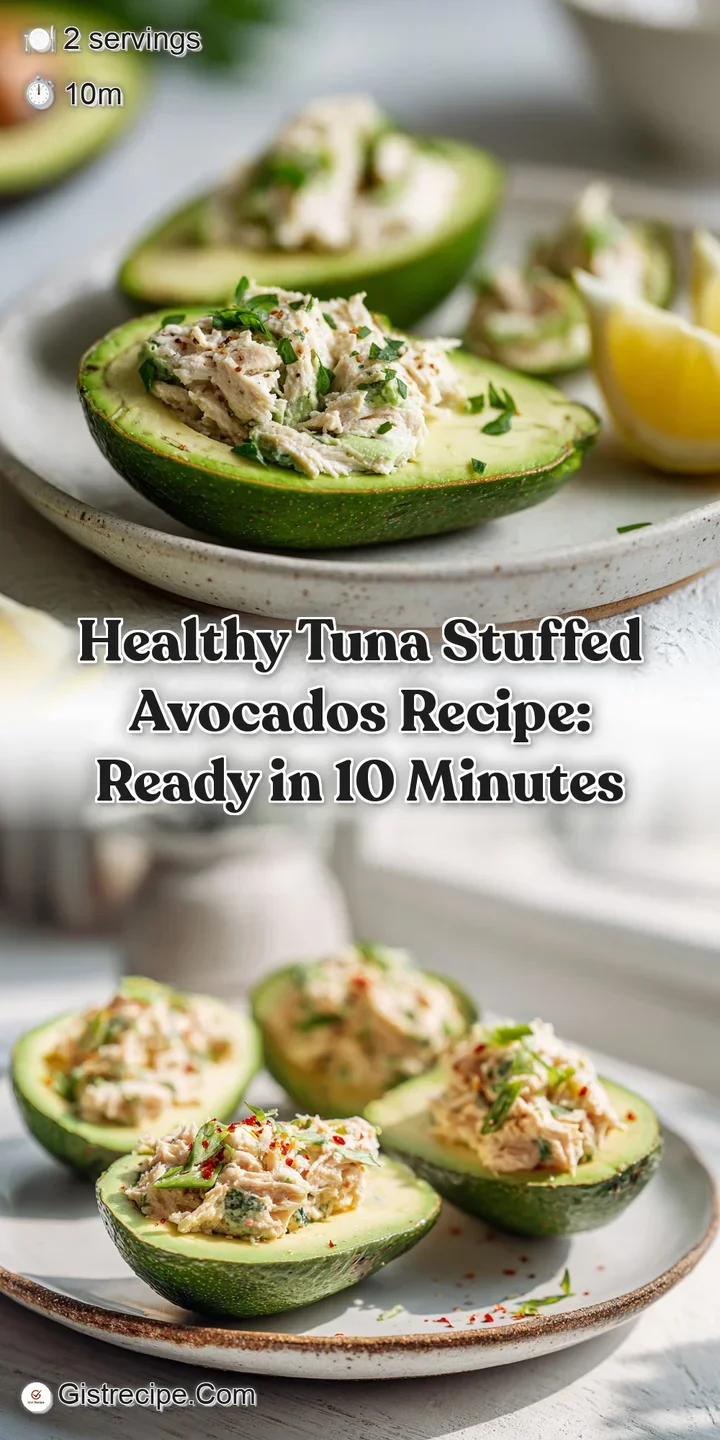 Close-up view of tuna salad stuffed into a ripe avocado, showing creamy texture, chunks of tuna, and flecks of green herbs.