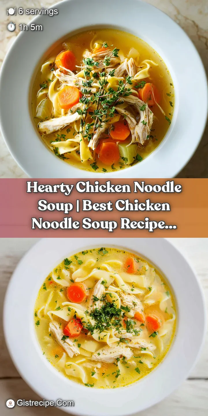 Close-up of tender shredded chicken and wavy egg noodles in a rich, golden broth, garnished with fresh parsley.