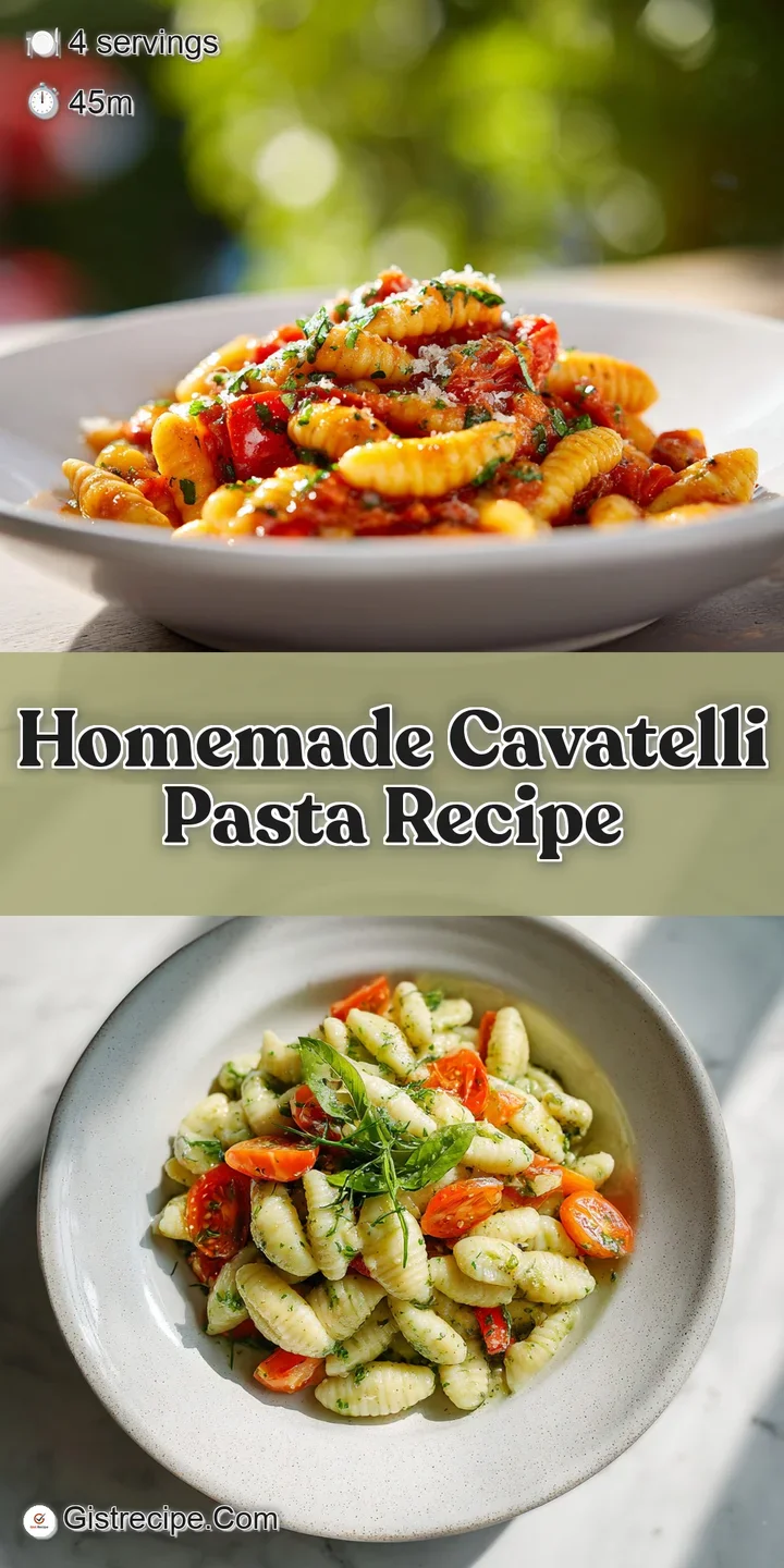 Close-up of glistening cavatelli pasta. Notice the slight sheen of olive oil and vibrant color of the fresh tomato sauce.