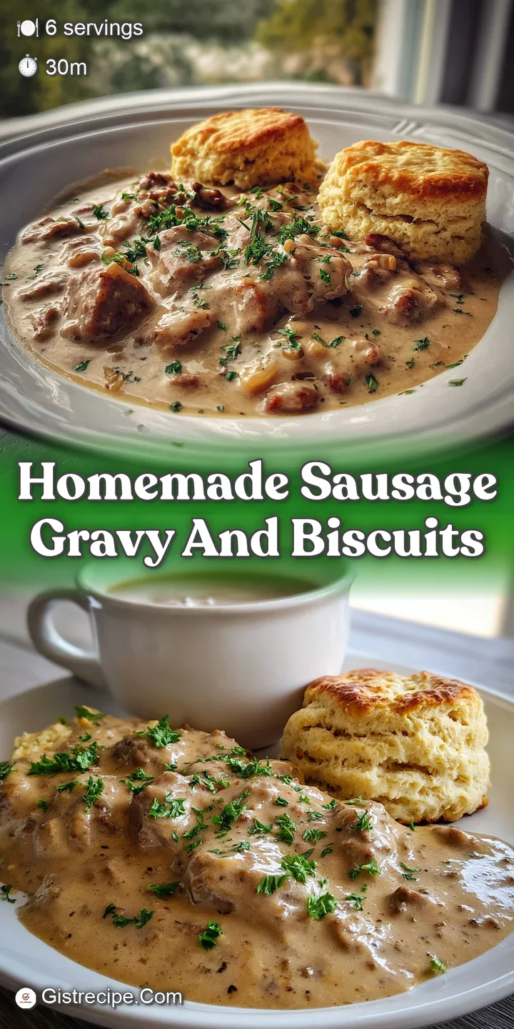 Close-up of steaming, creamy sausage gravy clinging to a warm biscuit. Visible flecks of pepper and browned sausage add te...