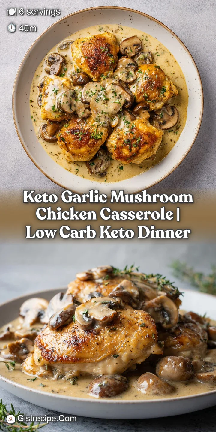 Close-up of a juicy chicken piece dripping with velvety garlic cream sauce and glistening sliced brown mushrooms.