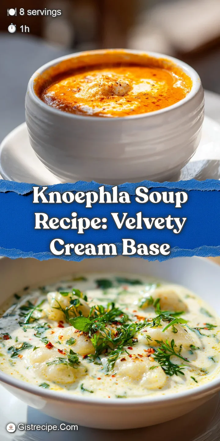 Close-up of creamy, pillowy dumplings nestled in a warm, inviting broth with bits of herbs and tender vegetables floating ...