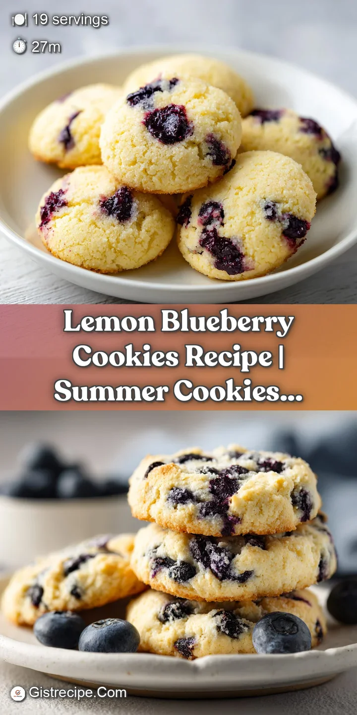 Close-up of a soft, chewy lemon blueberry cookie; visible zest and bursting blueberries create a mouthwatering visual text...