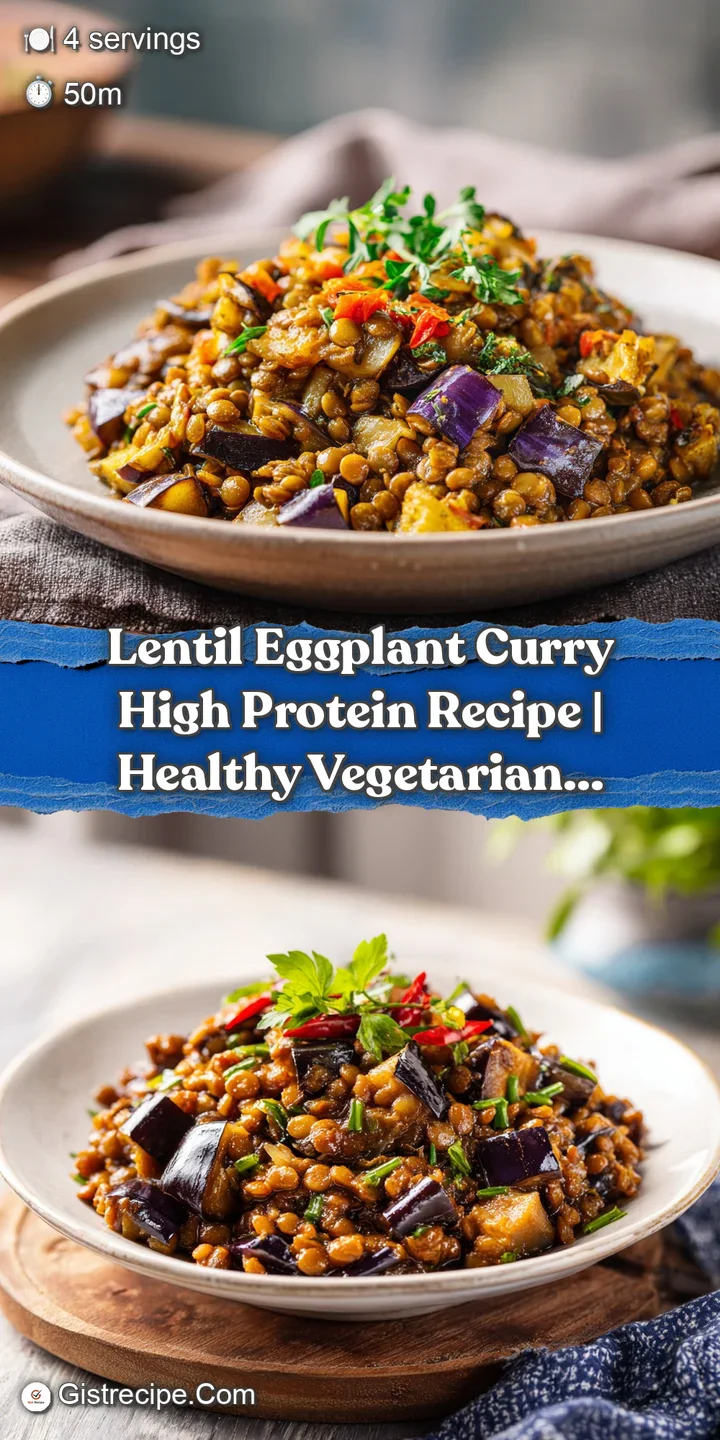 Close-up view of a steaming, thick lentil and eggplant curry, showing tender chunks and a rich, earthy red hue, with hints...