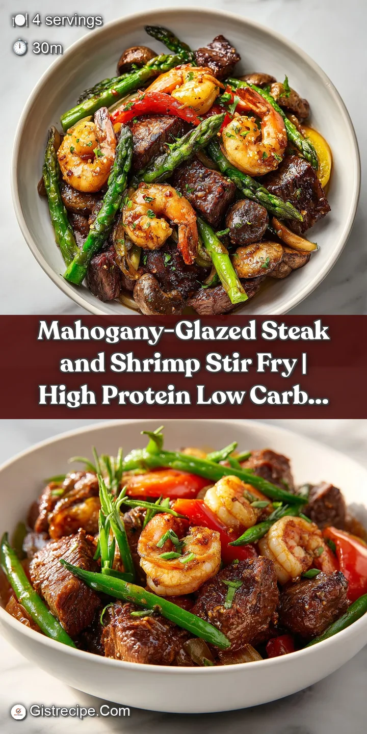 Juicy steak and tender shrimp bathed in a shimmering garlic glaze, nestled amongst bright, fresh stir-fried vegetables.